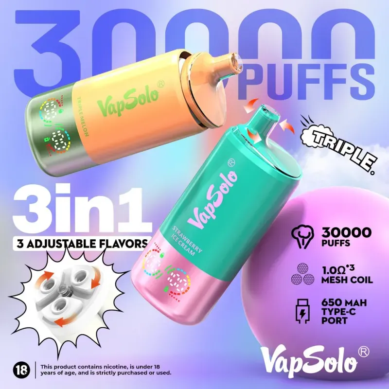 Vapsolo Triple 30000 Züge|3-in-1-Geschmack, 36 ml E-Liquid, LCD-Bildschirm, Bulk-Einweg-Vaporizer